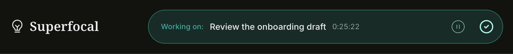 The header pill for the task you have started: Review the onboarding draft, with its running timer.