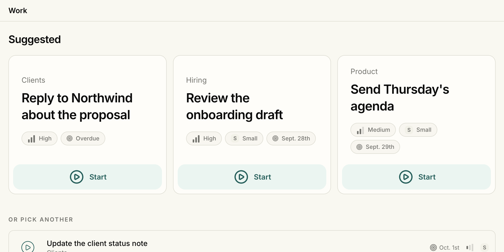 Work, with three tasks you can start. A further task is cut off below.